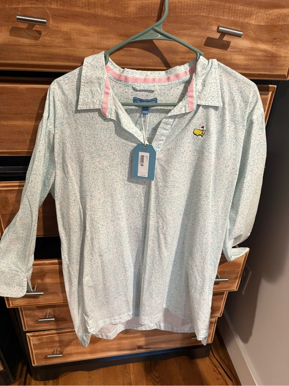 Masters Light Blue Printed Long Sleeve Polo with Pink Trim